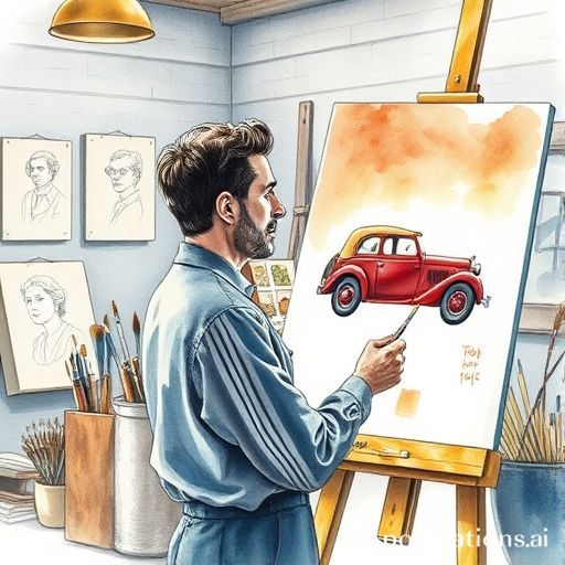 Illustration for a quiz about Pintores famosos, related to: ¿Quién creó la pintura 'El coche rojo' en 1911?