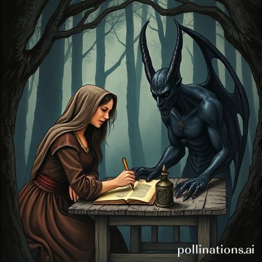 Ilustración medieval de una mujer firmando un pacto con una figura demoníaca en un bosque oscuro, entregando su alma