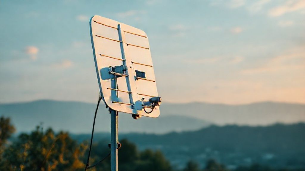 Ilustrasi antena TV outdoor modern dengan latar belakang langit biru cerah, menunjukkan koneksi kabel ke TV.