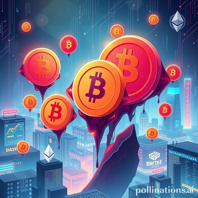 Ilustrasi digital futuristik yang menampilkan gelembung-gelembung transparan berwarna-warni mengembang pesat, masing-masing berisi ikon mata uang kripto populer seperti Bitcoin, Ethereum, dan Dogecoin. Beberapa gelembung terlihat sangat besar dan hampir pecah, sementara yang lain masih membesar dengan cepat. Latar belakangnya adalah grafik pasar digital yang dinamis atau pemandangan kota futuristik dengan cahaya neon. Gaya ilustrasi cerah dan menarik, namun juga memberikan kesan rapuh dan berisiko, dengan sentuhan estetika Gen Z.