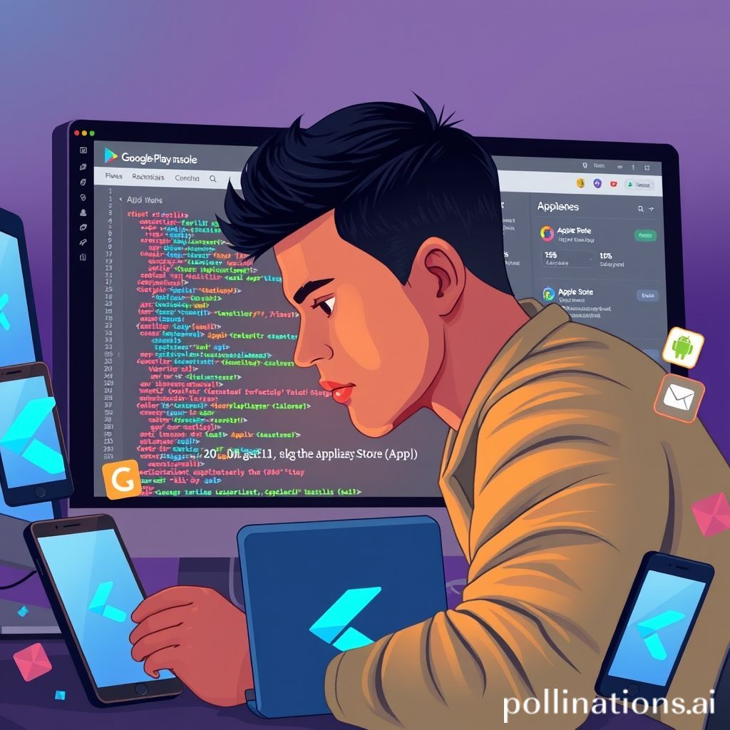 Ilustrasi digital seorang pengembang yang sedang melihat layar komputer dengan kode Flutter, dan di latar belakang terdapat panel Google Play Console dan Apple App Store Connect yang menampilkan proses upload aplikasi. Terlihat ikon-ikon smartphone dan tablet dengan aplikasi yang baru di-deploy.