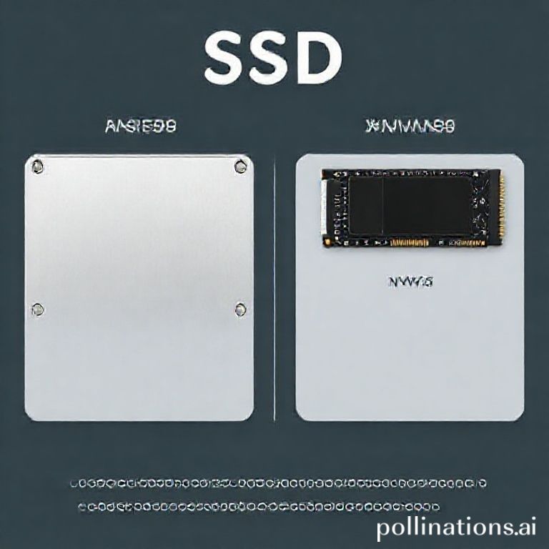 Ilustrasi dua buah SSD, satu berbentuk kotak (SATA) dan satu berbentuk M.2 (NVMe), dengan panah menunjukkan perbedaan kecepatan dan performa