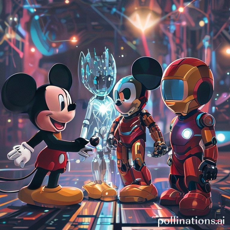 Ilustrasi karakter Disney dan Marvel berinteraksi dengan AI, melambangkan kolaborasi OpenAI dan Disney dalam era digitalisasi kreatif.