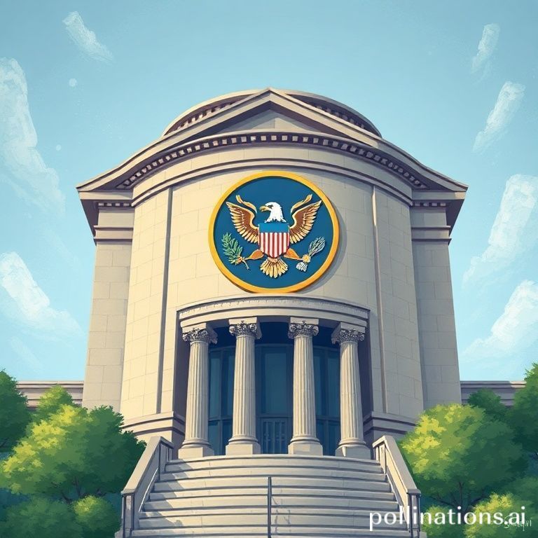 Gedung Komisi Sekuritas dan Bursa AS (SEC) dengan logo, simbol regulasi keuangan dan kripto yang bergeser.