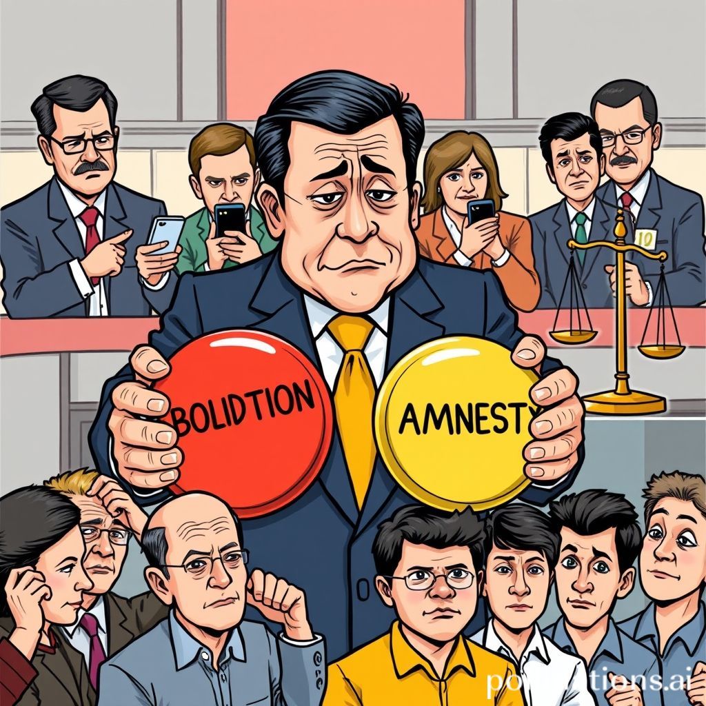Ilustrasi kartun satire bergaya editorial. Seorang Presiden, dengan setelan jas rapi namun ekspresi sedikit bingung atau lelah, memegang dua tombol besar berwarna-warni di tangannya. Satu tombol bertuliskan 