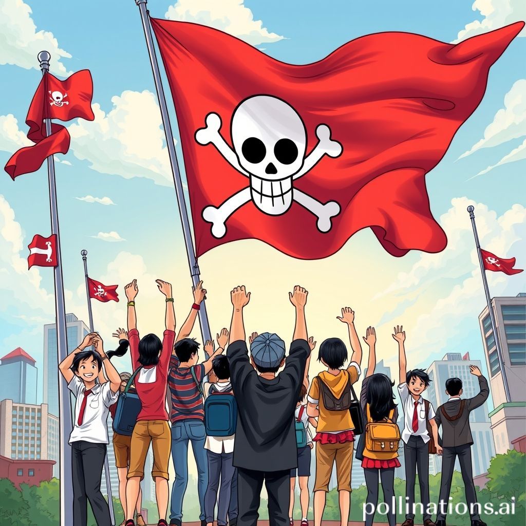 Ilustrasi kartun satire: Sebuah bendera Jolly Roger One Piece raksasa berkibar gagah di atas gedung-gedung perkotaan, mengalahkan tiang bendera resmi yang lebih kecil di bawahnya. Sekelompok anak muda dari berbagai latar belakang (mahasiswa, pekerja kantoran, ojek online) terlihat mengacungkan tangan dan bersorak ke arah bendera One Piece tersebut dengan wajah gembira dan antusias. Sementara itu, di latar belakang, beberapa tokoh masyarakat berjas rapi terlihat kebingungan dan melongo melihat fenomena tersebut. Gaya ilustrasi cerah dan dinamis, dengan sentuhan humor visual.