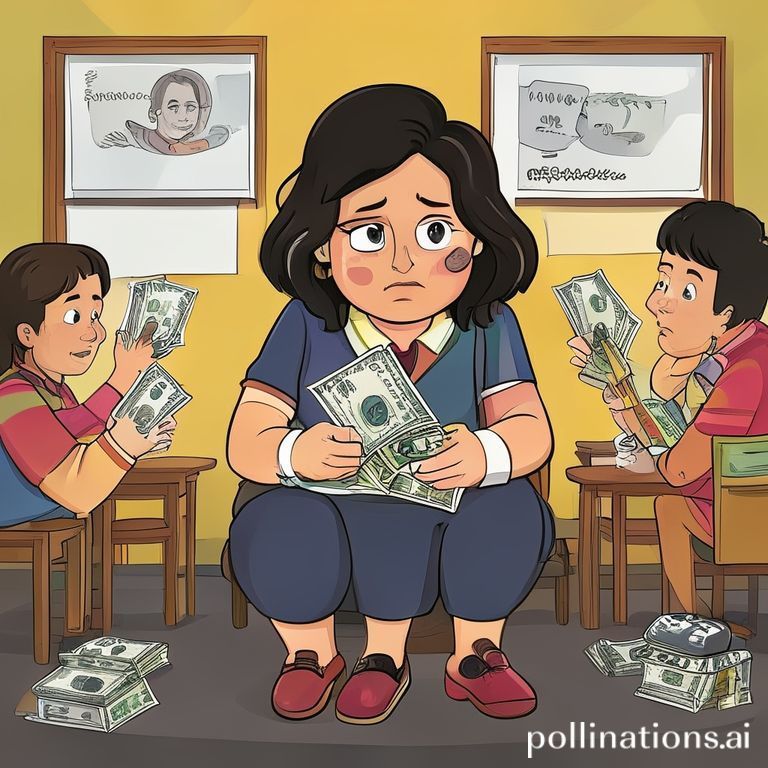 Ilustrasi guru paruh baya di atas tumpukan uang yang berkurang, menggambarkan gaji guru menurun meski anggaran sekolah naik.