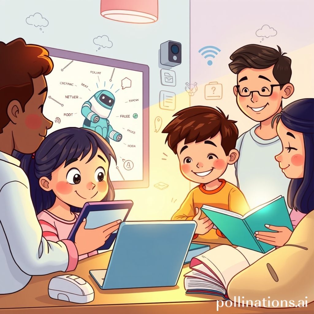 Ilustrasi kartun yang ceria. Sekelompok anak dari berbagai latar belakang etnis dan jenis kelamin sedang terlibat dalam berbagai aktivitas belajar yang modern. Seorang anak perempuan sedang melihat tablet dengan desain robot 3D, seorang anak laki-laki sedang bekerja sama dengan temannya di papan tulis interaktif (smartboard) dengan ide-ide yang mengalir di sekitarnya, sementara anak lainnya sedang membaca e-book di pojok yang nyaman. Ada elemen teknologi seperti awan data, ikon wifi, atau garis-garis digital yang terintegrasi secara halus di latar belakang, namun tetap menonjolkan interaksi dan kreativitas. Suasana cerah, positif, dan penuh rasa ingin tahu. Seorang sosok mentor dewasa yang ramah (guru atau orang tua) terlihat mengawasi mereka dengan senyum hangat, menunjukkan dukungan dan bimbingan.