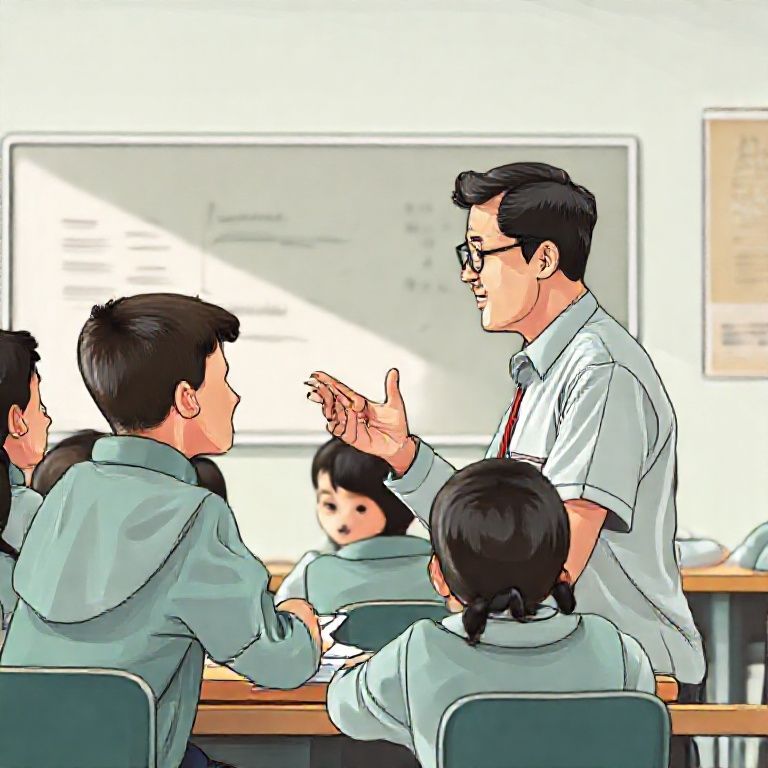 Ilustrasi kelas SD dengan seorang guru yang sedang mendampingi siswa hiperaktif yang sedang bergerak aktif, dengan suasana kelas yang ceria dan rapi, menunjukkan interaksi positif antara guru dan siswa.