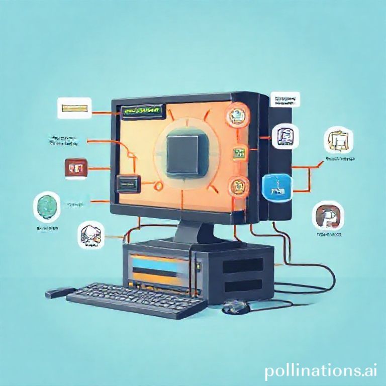 Ilustrasi komputer dengan berbagai komponen yang terhubung, seperti CPU, RAM, HDD, dan monitor, dengan latar belakang yang menunjukkan penggunaan komputer dalam berbagai bidang, seperti bisnis, pendidikan, dan hiburan.