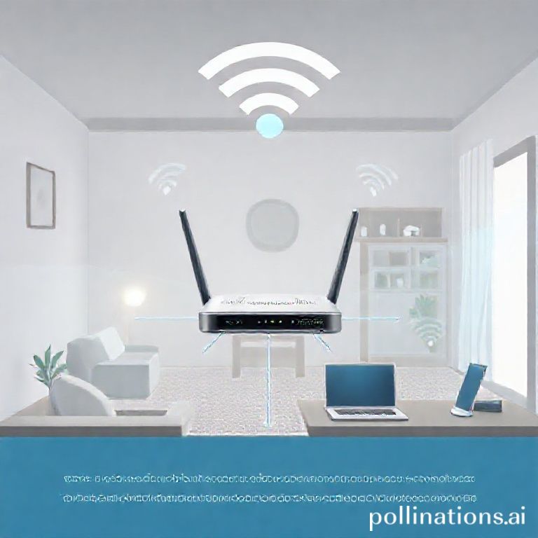 Ilustrasi modern yang menampilkan router Wi‑Fi 6, satu atau dua unit mesh, serta repeater yang diletakkan di ruang tamu, lengkap dengan sinyal Wi‑Fi yang memancar ke laptop, smartphone, dan perangkat IoT.  