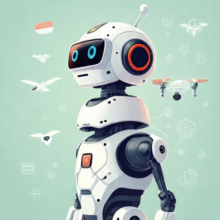 Ilustrasi robot berwajah ramah berdiri di samping otak manusia yang terbuat dari rangkaian kode, dengan latar belakang peta Indonesia dan ikon-ikon aplikasi AI seperti chatbot, drone, dan grafik data.  