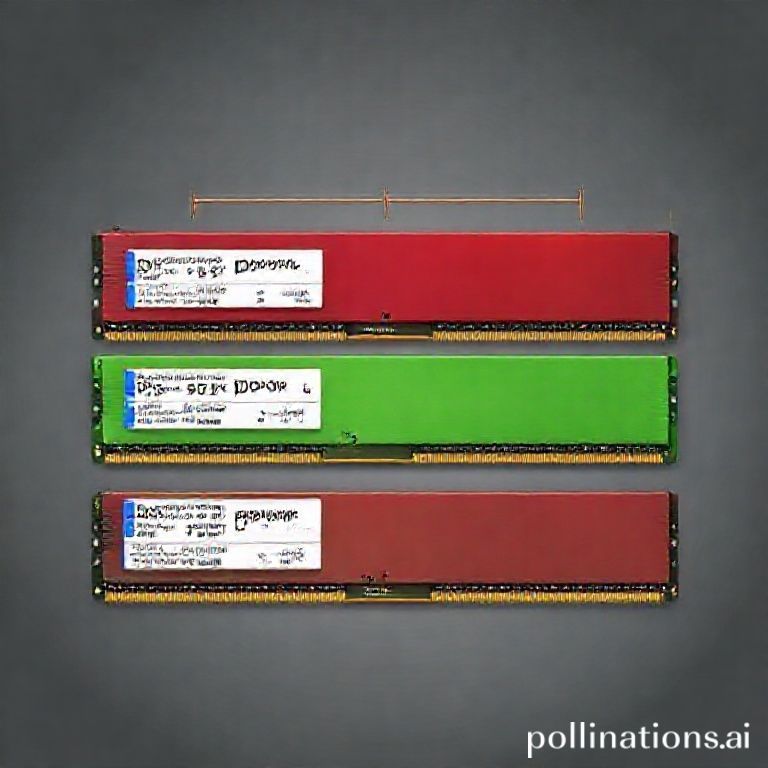 Ilustrasi tiga modul RAM berdampingan: satu DDR3 berwarna biru, satu DDR4 berwarna hijau, dan satu DDR5 berwarna merah, masing‑masing dilengkapi label kecepatan (mis. 1600 MHz, 3200 MHz, 5600 MHz), tegangan (1.5 V, 1.2 V, 1.1 V), dan jumlah pin serta kapasitas maksimum per modul.  