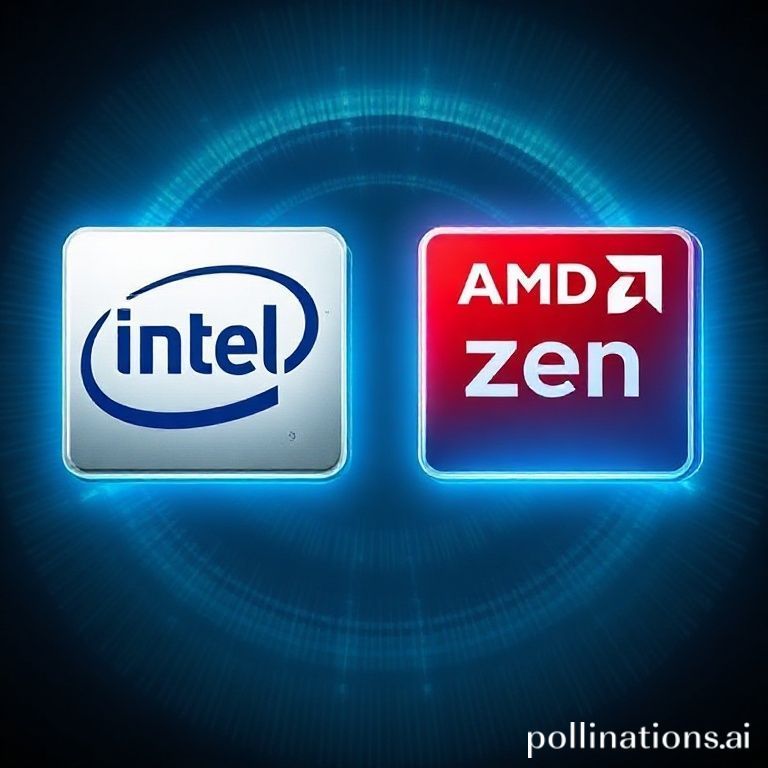Ilustrasi visual yang menampilkan logo Intel dan AMD berdampingan, masing‑masing dikelilingi oleh siluet chip CPU generasi terbaru (Alder Lake untuk Intel, Zen 4 untuk AMD), dengan latar belakang sirkuit biru‑hijau yang mempertegas tema teknologi.  