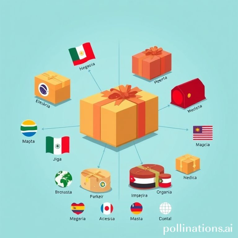 Ilustrasi visual yang menunjukkan berbagai jenis paket dikemas dengan rapi, dihiasi dengan ikon bendera negara-negara di dunia dan logo maskapai penerbangan. Latar belakangnya bersih dengan sedikit nuansa teknologi.