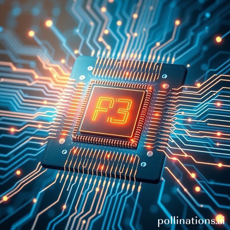 Ilustrasi chip komputasi kuantum dengan elektron berputar di sekitarnya, melambangkan teknologi dan inovasi masa depan.