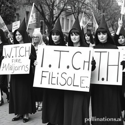 Imagen estilo foto en blanco y negro de activistas feministas de los años 60 del grupo W.I.T.C.H., vestidas de brujas en una manifestación, sosteniendo pancartas