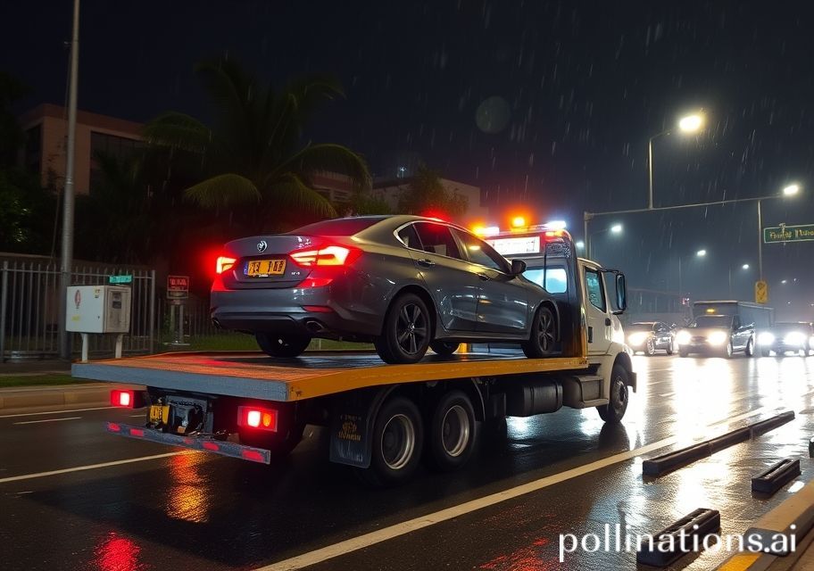 Truk towing flatbed mengevakuasi mobil di jalan kota Depok malam hari