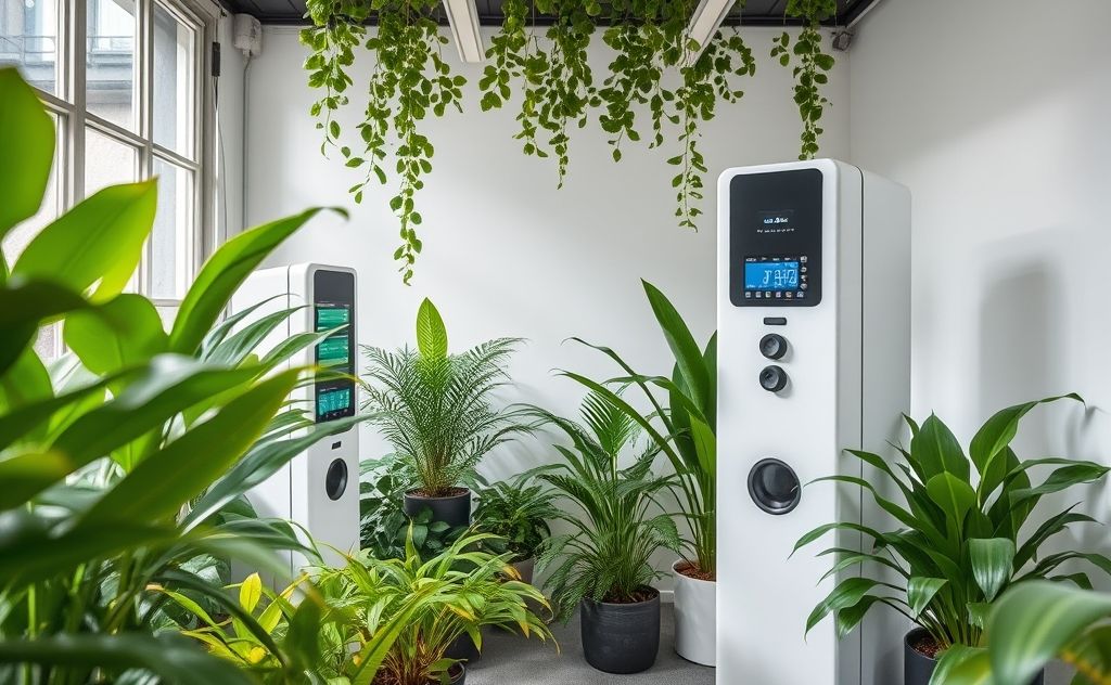 Indoor air quality testing equipment surrounded by plants and fresh air.