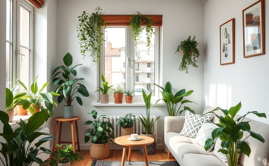 Indoor plants improving air quality in a cozy small apartment.