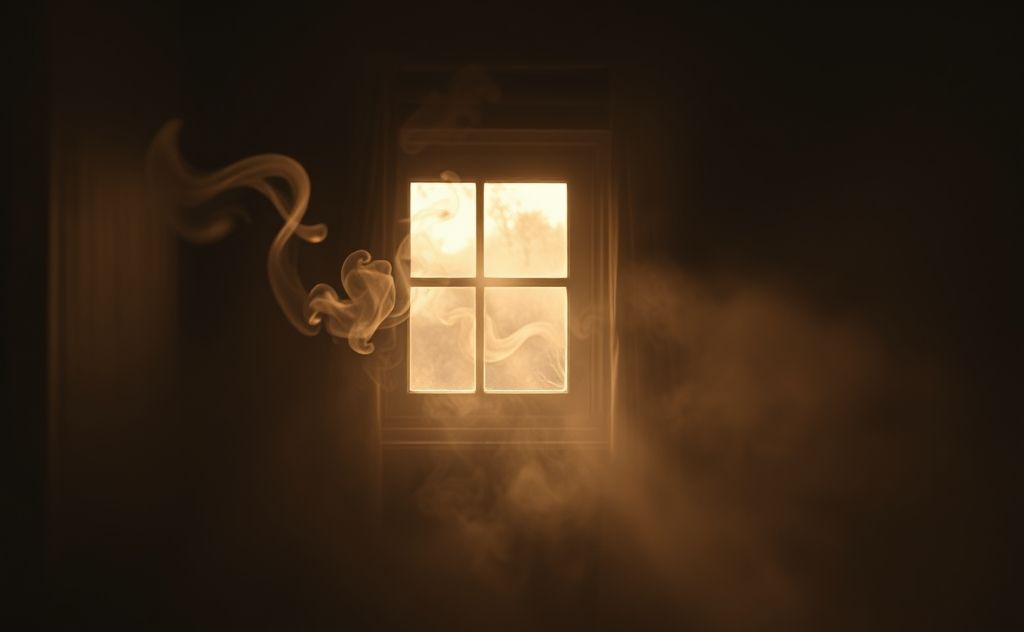 Indoor smoke swirling in a dimly lit room with dusty air particles.