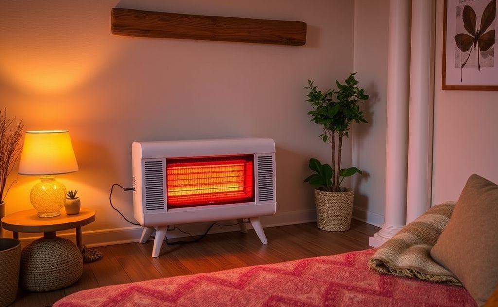 Infrared heater in a cozy, vent-free room setting