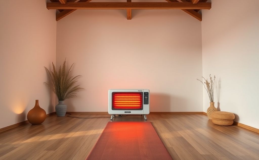 Infrared heater in a serene yoga studio setting.