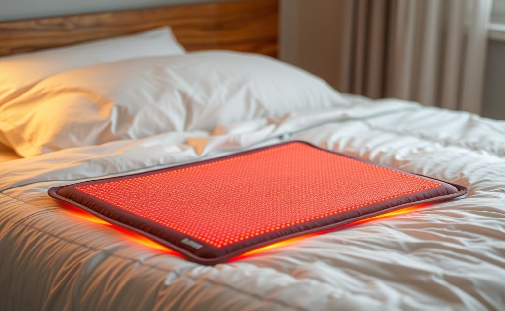 Infrared heating pad on a cozy bed, warm glow visible.