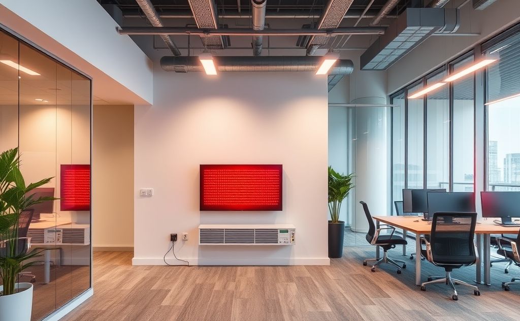 Infrared heating system in a modern office setting
