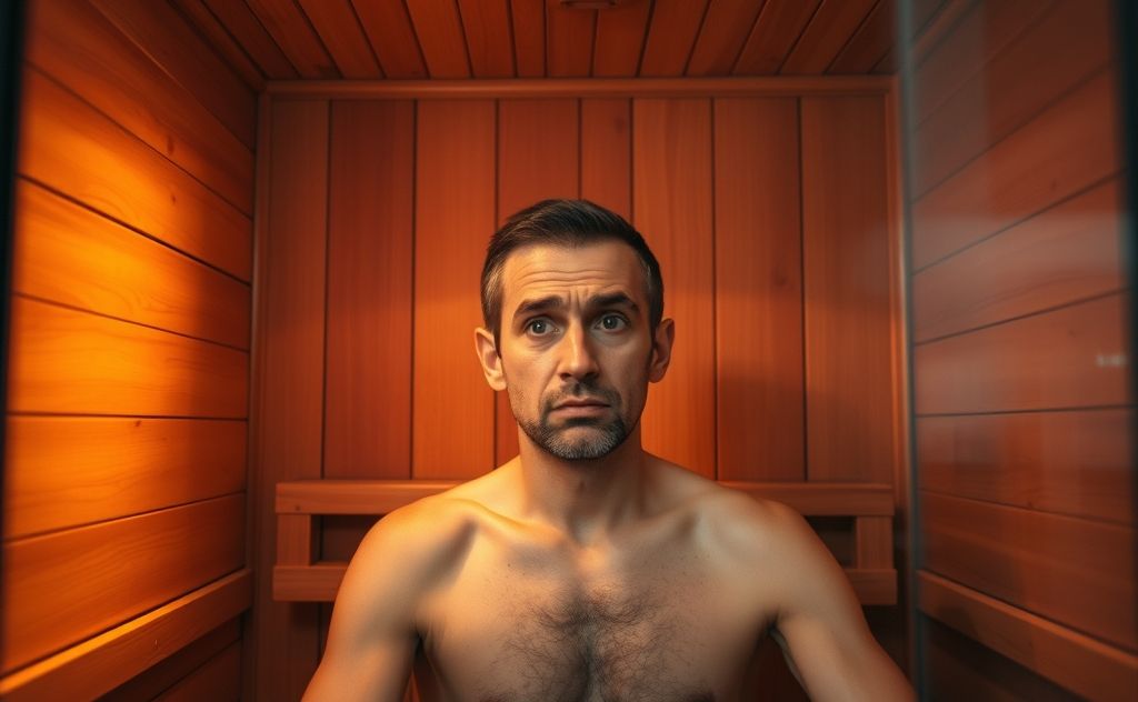Infrared sauna with a glowing interior, showing a worried user.