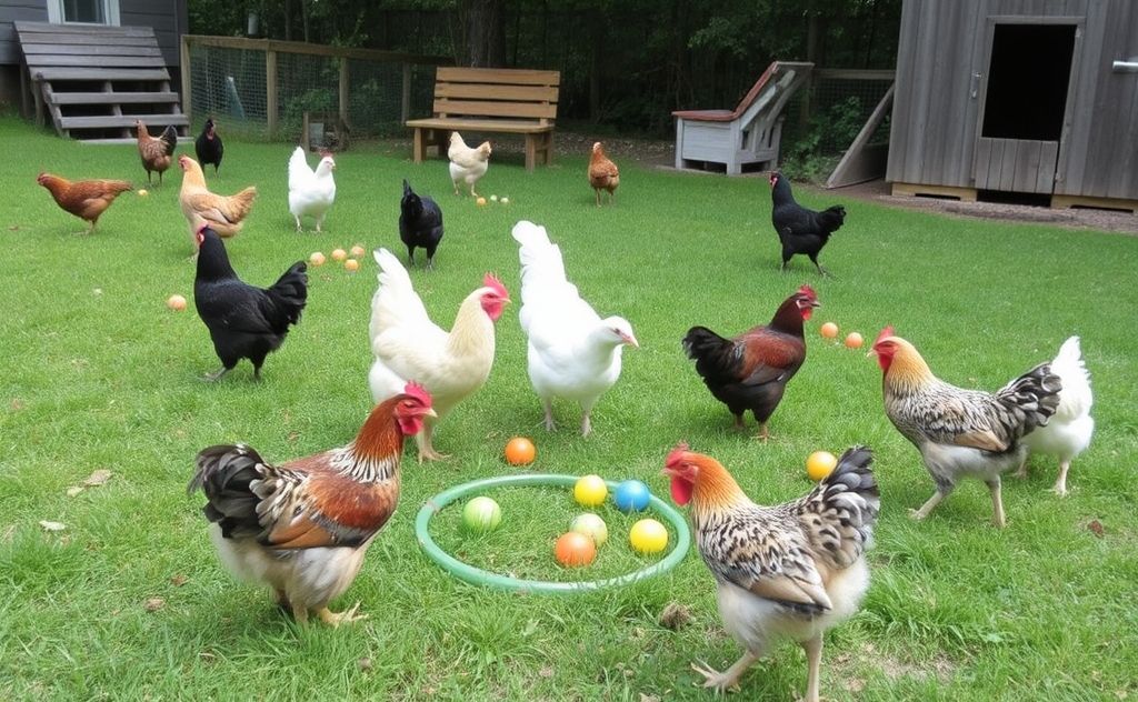 Interactive games with chickens outdoors
