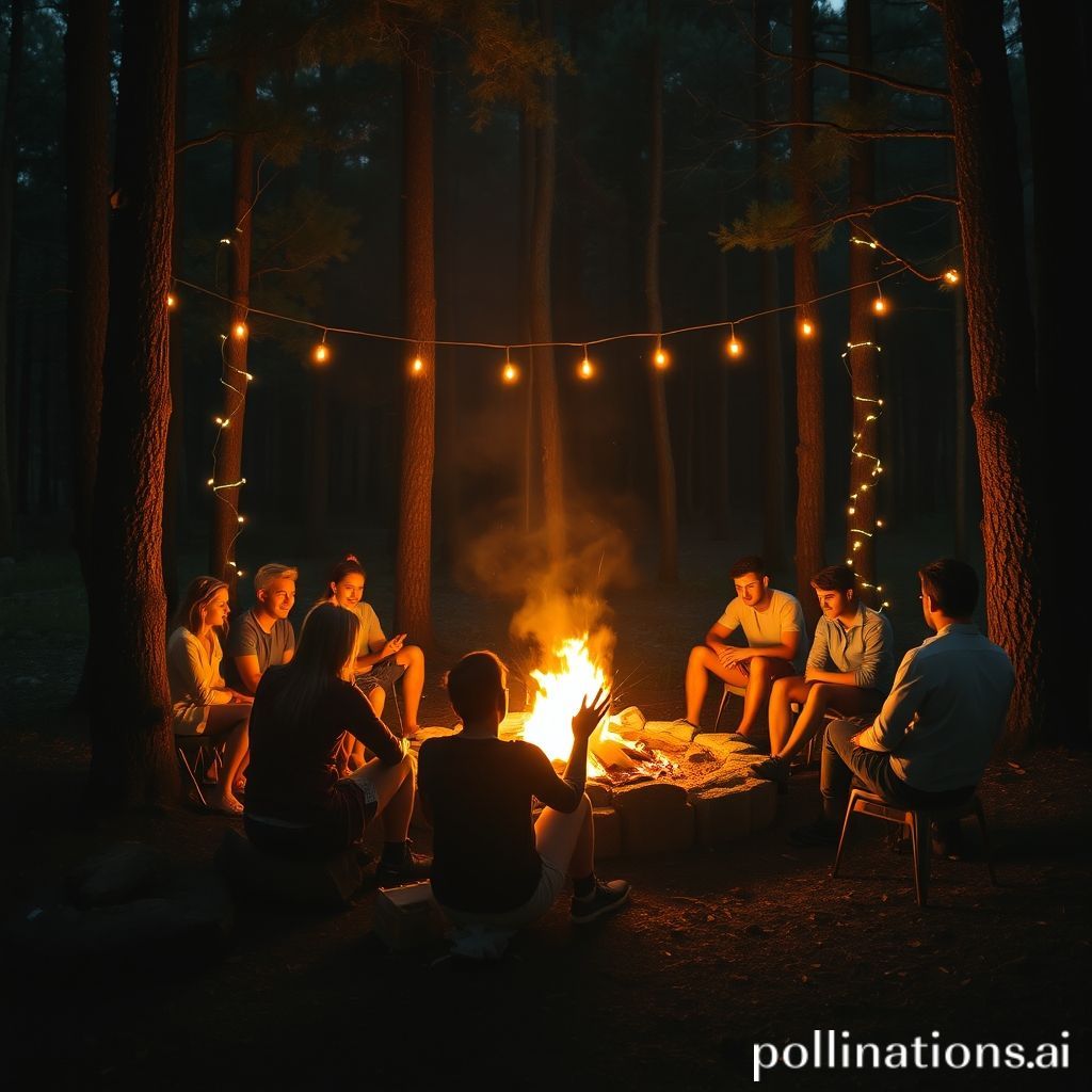Friends around campfire with forest lights