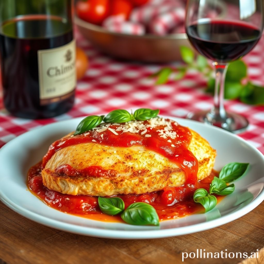 A mouth-watering picture of Chicken Parmesan sitting invitingly on a rustic wooden table.