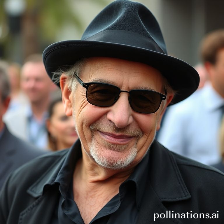 Joe Pesci smiles subtly, wearing a black fedora and dark sunglasses at a public event, exuding his signature laid-back style.