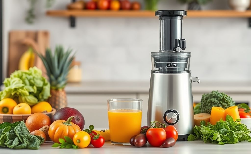Juice extractor with fruits and vegetables nearby
