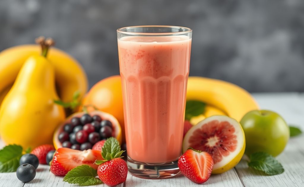 Juice in a glass with fresh fruits around it