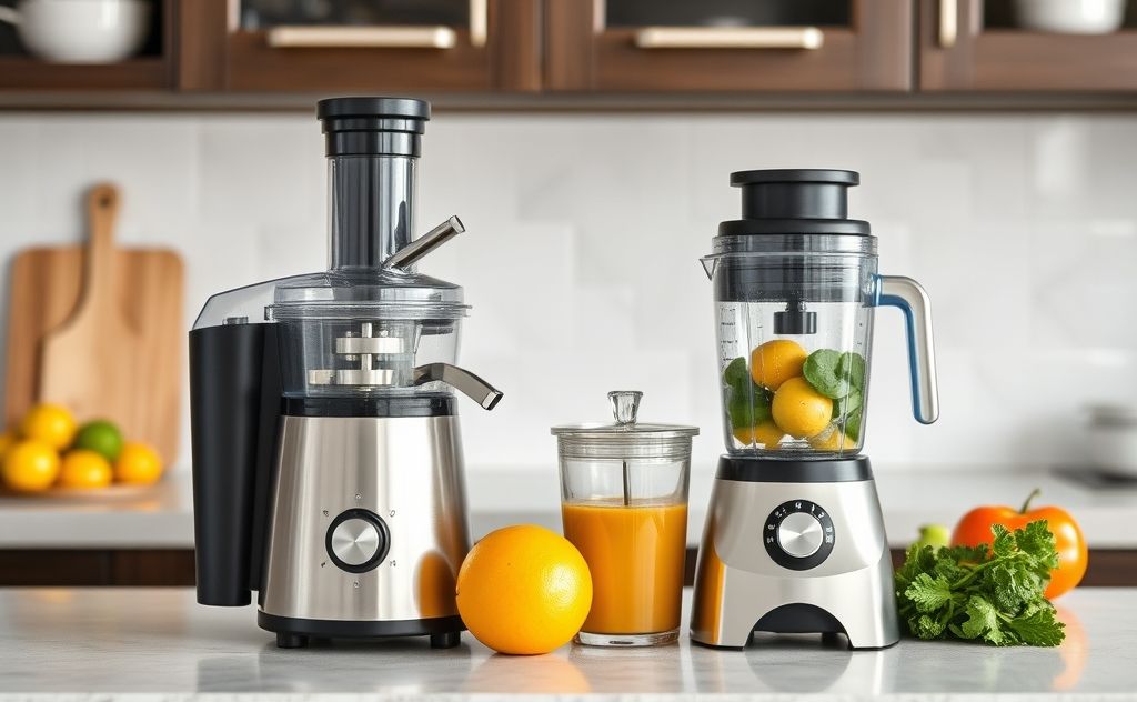 Juicer and blender side by side on kitchen counter