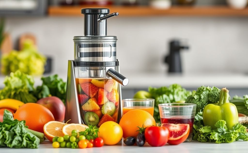 Juicer extracting vibrant fruits and vegetables