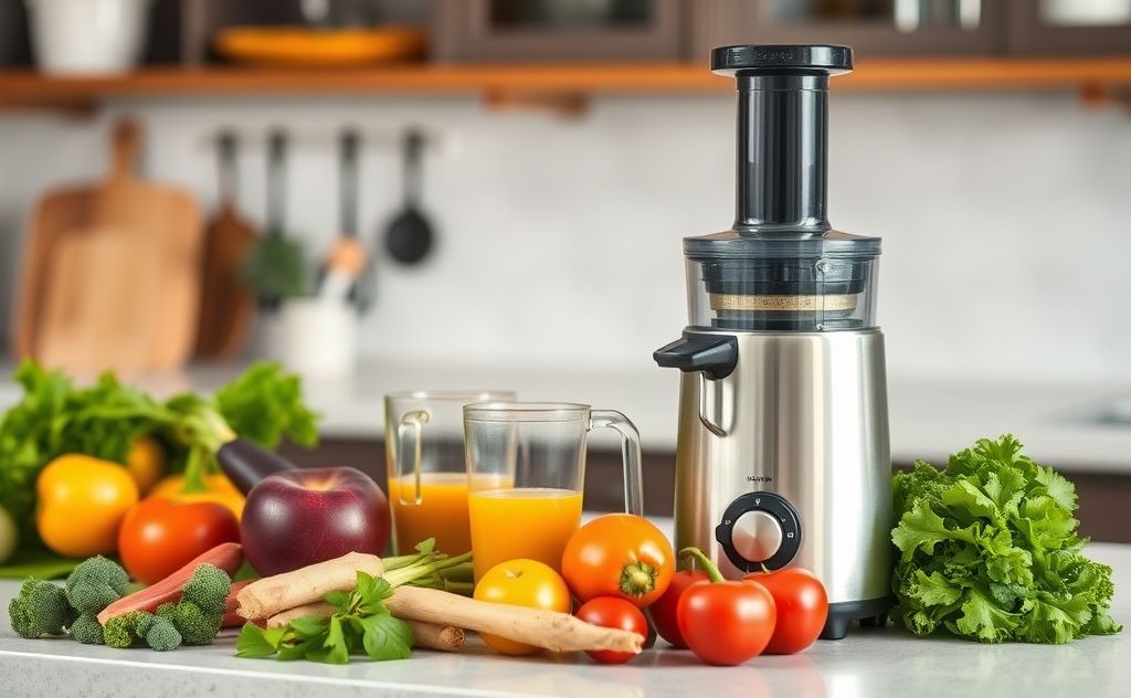 Juicer with fresh root vegetables on a kitchen counter