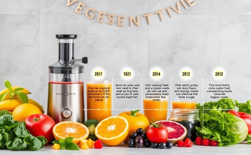 Juicing benefits timeline with fresh fruits and veggies