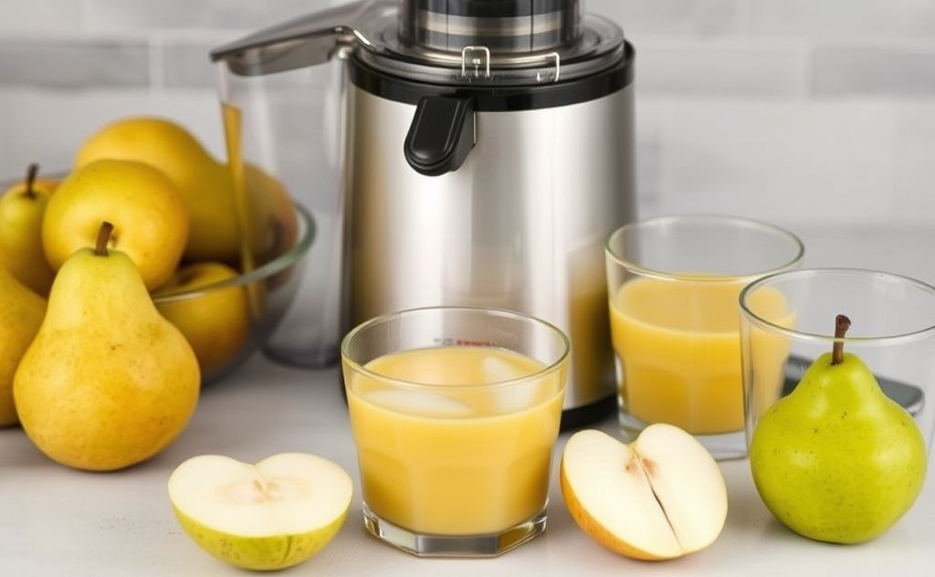 Juicing fresh pears with a Pure Juicer setup