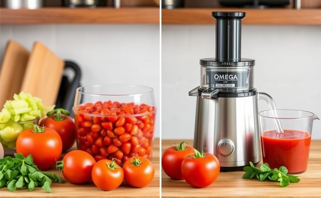 Juicing tomatoes with Omega juicer process