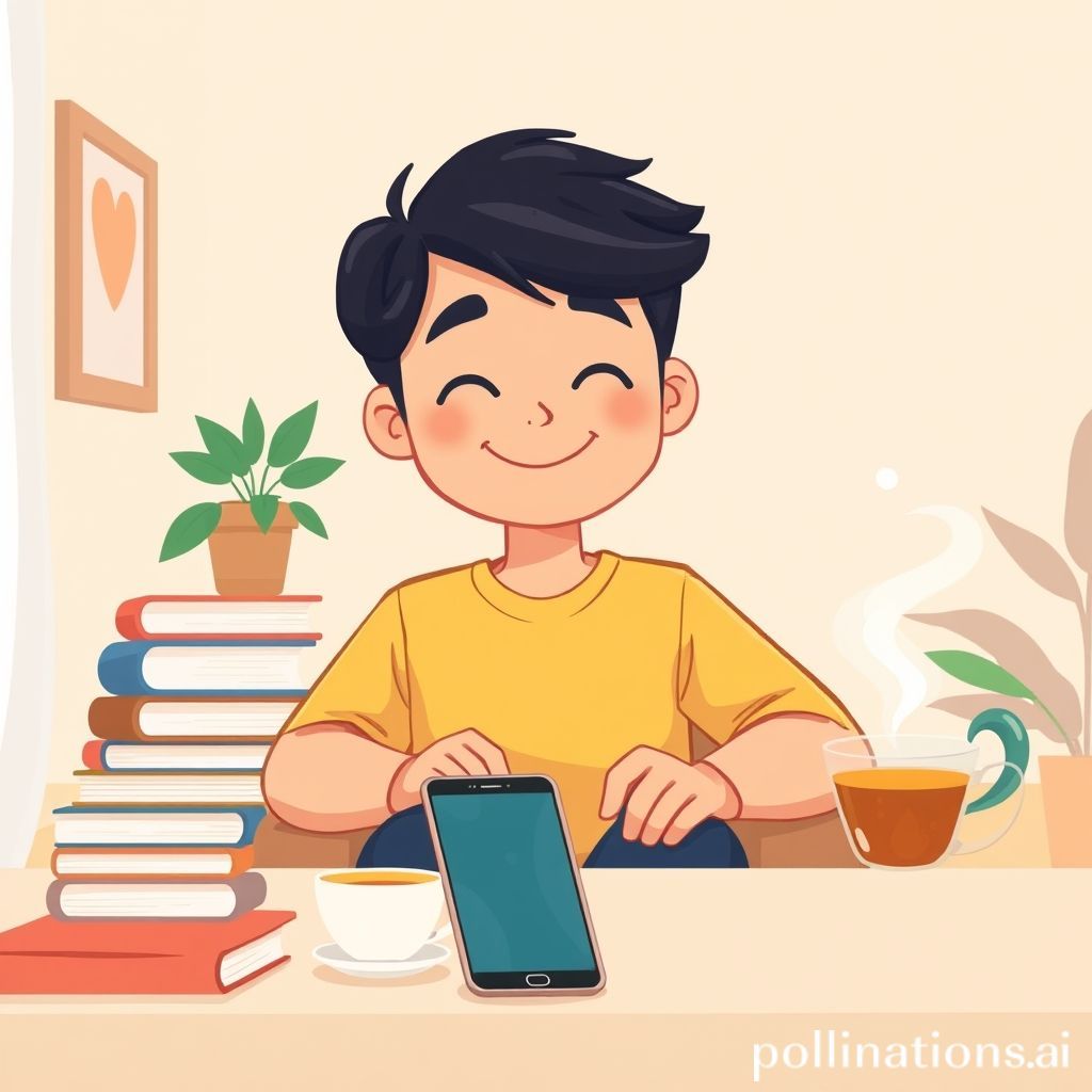 Kartun ilustrasi seorang individu (pria atau wanita) yang tersenyum lega dan tampak sangat fokus, duduk dengan posisi nyaman di sebuah ruangan yang terang dan menenangkan. Di sampingnya ada beberapa buku fisik, tanaman hijau kecil, dan secangkir teh. Sebuah smartphone terlihat diletakkan terbalik di meja atau laci kecil di kejauhan, ukurannya jauh lebih kecil dibandingkan keseluruhan komposisi. Gaya kartun yang ramah dan cerah, menunjukkan keseimbangan antara dunia digital yang terkendali dan kehidupan nyata yang damai.
