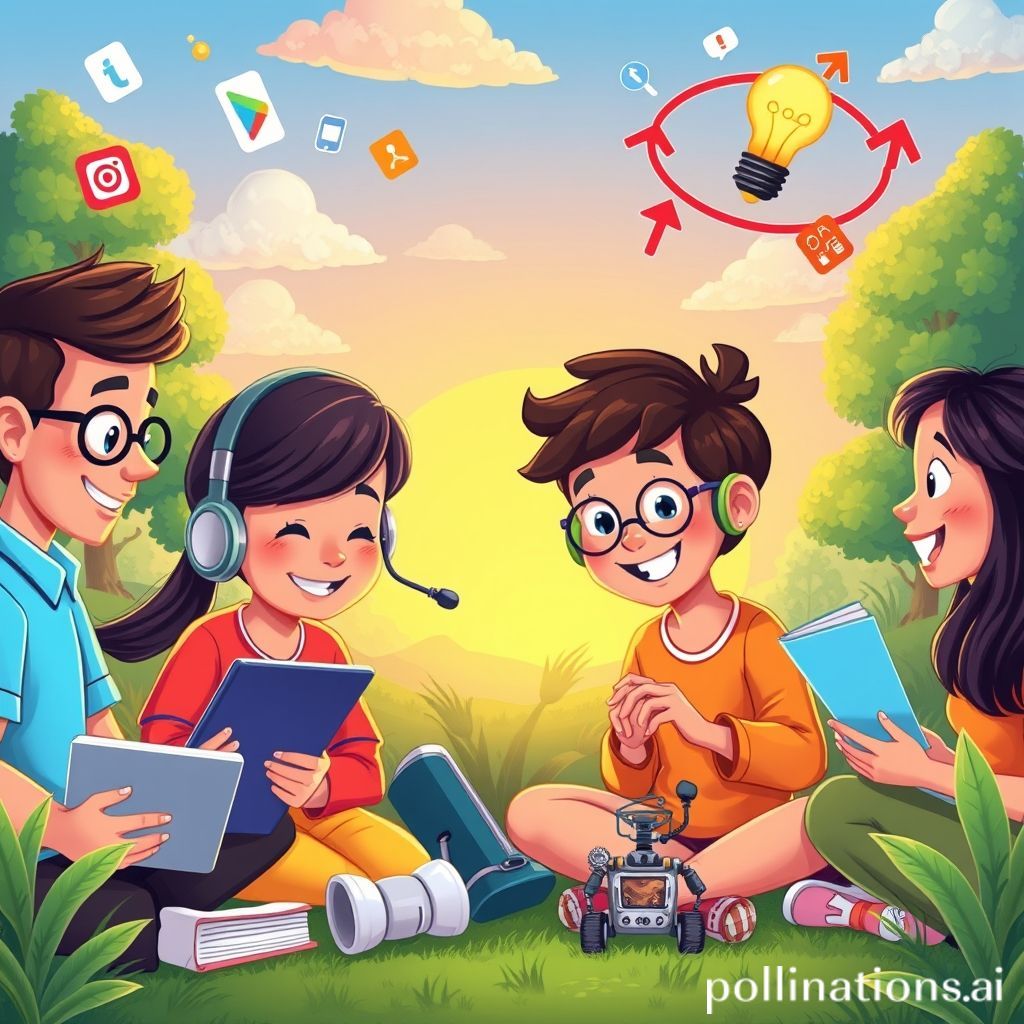 Kartun ilustrasi yang ceria dan penuh warna. Menampilkan beberapa karakter dengan berbagai usia (muda hingga dewasa) sedang terlibat dalam aktivitas belajar yang berbeda: satu membaca buku digital di tablet, satu mendengarkan podcast dengan headphone, satu lagi sedang membangun robot kecil, dan satu lagi sedang diskusi dengan ekspresi antusias. Latar belakang menunjukkan elemen digital (awan data, ikon aplikasi) dan alam (pohon, matahari terbit), melambangkan perpaduan antara teknologi dan pertumbuhan pribadi. Ada juga simbol 'lightbulb' di atas kepala beberapa karakter dan tanda panah ke atas yang melingkar, menunjukkan pertumbuhan dan pembelajaran berkelanjutan. Warna cerah dan suasana positif.