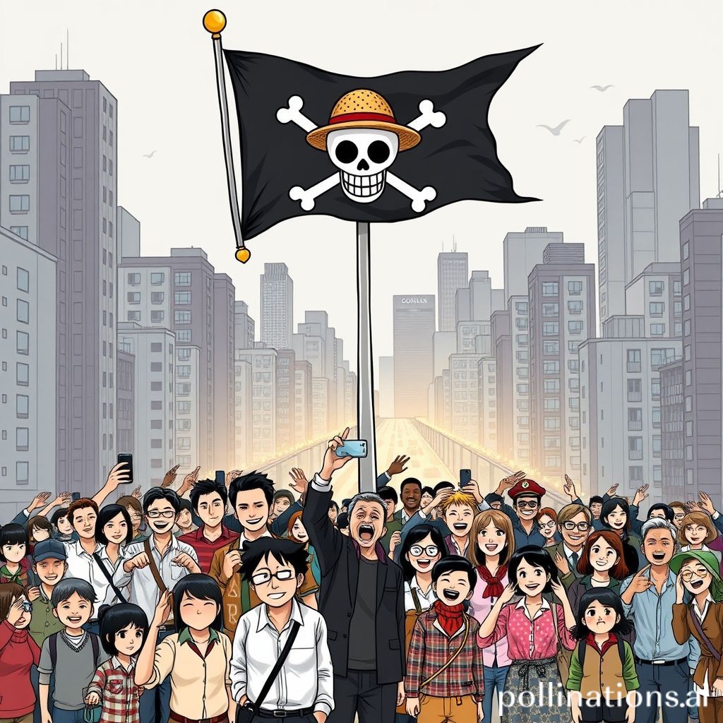 Kartun satire. Sebuah bendera Jolly Roger One Piece (tengkorak dengan topi jerami dan dua tulang menyilang di belakang) berkibar megah di tiang tinggi. Di bawahnya, sekelompok orang dari berbagai latar belakang (mahasiswa, pekerja kantoran, bapak-bapak, ibu-ibu) berpose riang, ada yang selfie, ada yang hormat, seolah ini bendera negara mereka. Latar belakang menunjukkan realitas kota yang padat dan sedikit suram (gedung tinggi, sedikit macet), namun orang-orang ini tampak abai dan fokus total pada bendera tersebut. Ekspresi mereka ceria dan penuh harapan. Ada sentuhan humor absurd pada proporsi bendera yang sedikit lebih besar dari yang seharusnya.