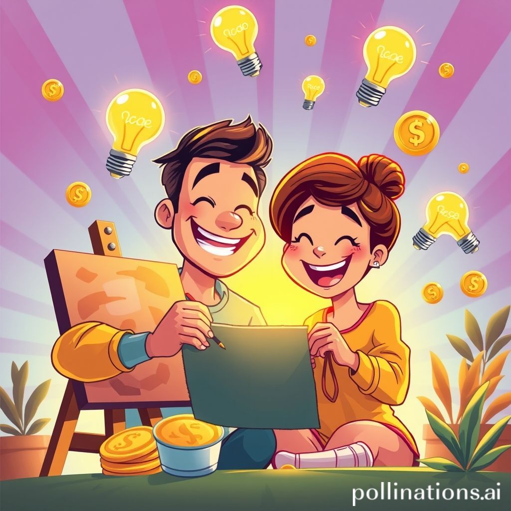 Kartun seorang laki-laki atau perempuan yang tersenyum ceria sambil melakukan hobinya, misalnya melukis di kanvas atau merajut. Di sekitar mereka, ada ide-ide yang bersinar seperti bohlam lampu, dan beberapa koin emas atau simbol uang yang melayang dengan gembira, menunjukkan bahwa hobinya menghasilkan uang. Suasana gambar cerah, penuh inspirasi dan semangat positif.