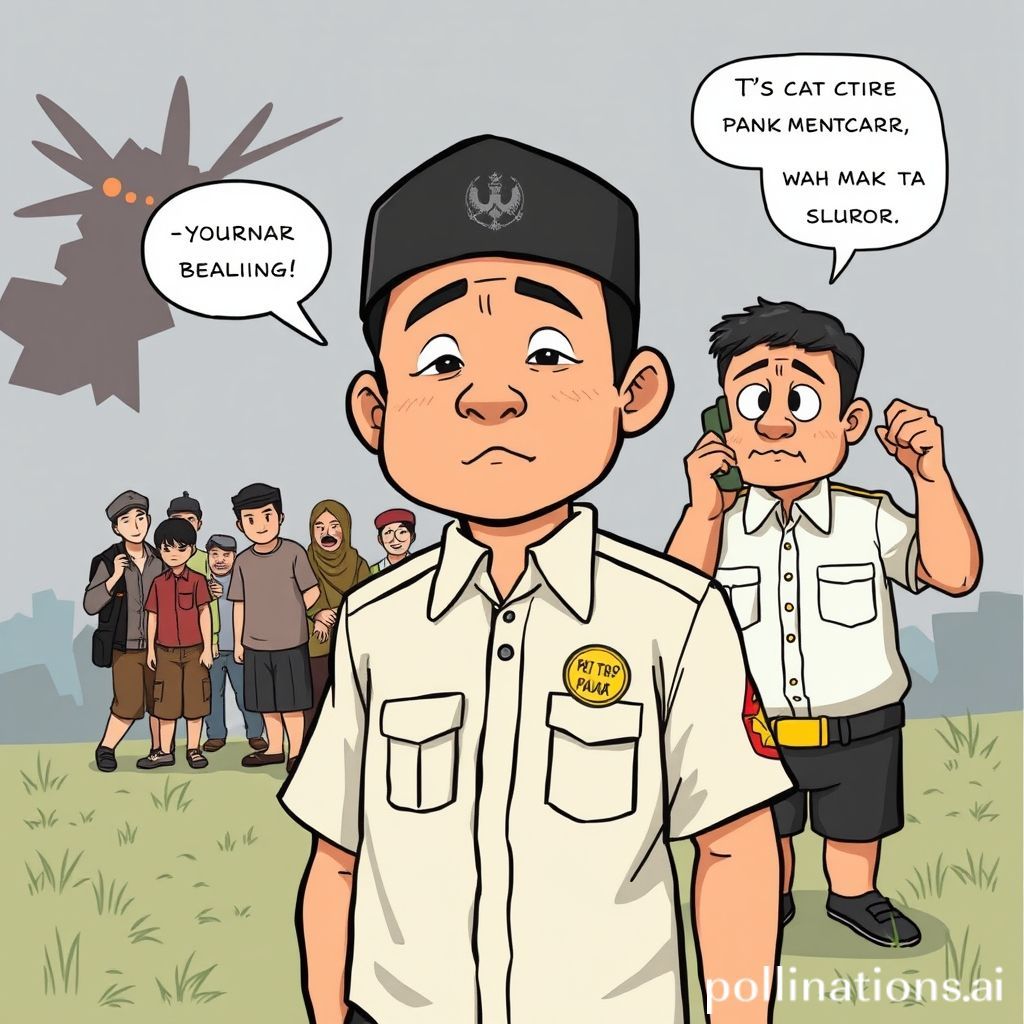 Kartun seorang pria berseragam Bawaslu (kemeja putih dengan logo Bawaslu) yang terlihat 'hilang' atau tidak terlihat, digambarkan dengan tanda tanya besar di atas kepalanya. Di latar belakang, terlihat siluet TPS atau kotak suara dan beberapa orang panik mencari. Di sudut lain, ada karakter kartun Komnas HAM yang sedang memegang telepon dengan ekspresi khawatir, mengamati situasi.