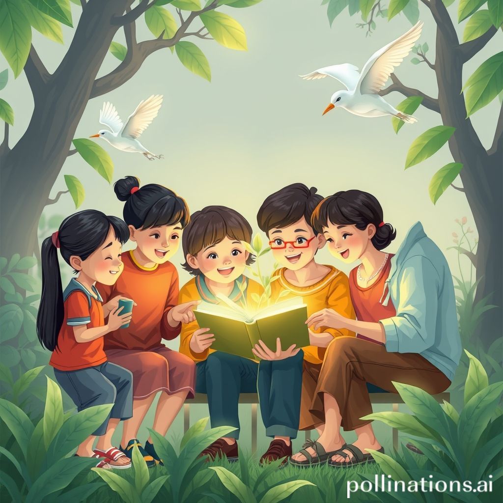 Kartun: Sekelompok orang dari berbagai usia dan latar belakang, tersenyum dan berinteraksi di tengah lingkungan yang menggabungkan elemen alam dan teknologi futuristik (misalnya, hologram buku, pohon yang tumbuh dari layar tablet, awan data). Mereka terlihat sedang belajar atau berkolaborasi, dengan simbol-simbol seperti otak yang menyala, roda gigi, dan pohon yang tumbuh melambangkan pertumbuhan pengetahuan dan kreativitas. Suasana ceria, optimis, dan penuh warna, menunjukkan harmoni antara manusia, alam, dan teknologi di masa depan.