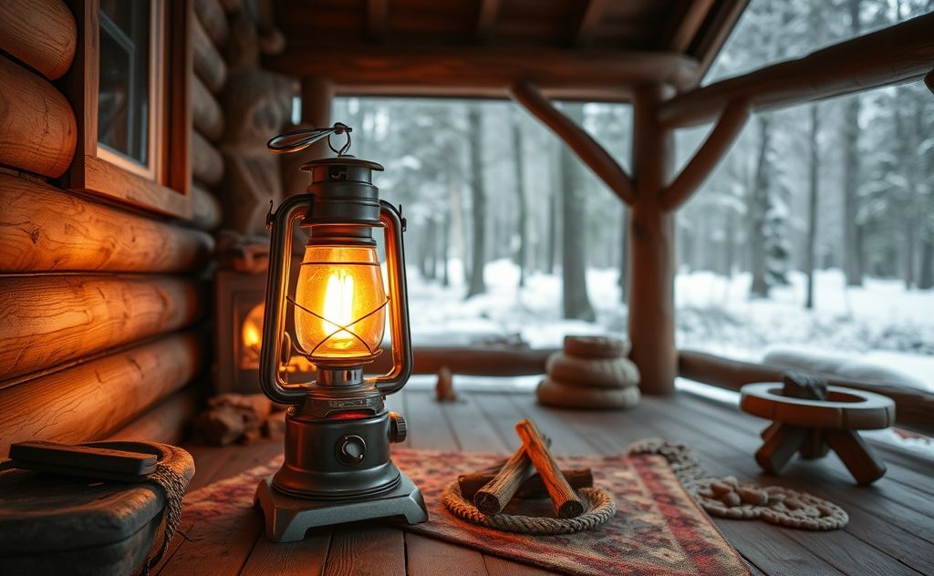 Kerosene heater in a cozy cabin setting