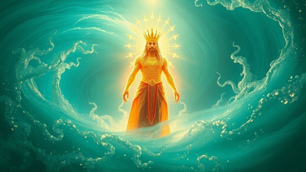 King Neptune, a shimmering, regal figure, radiates golden light. He stands within a swirling, turquoise underwater realm, a mystical aura surrounding him as he surveys his vast, glowing kingdom. Cinematic lighting, ethereal style, 4k.